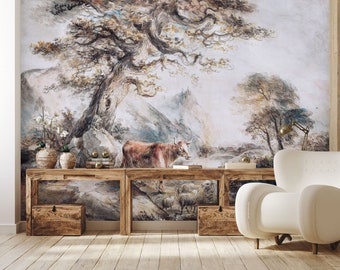 Vintage Rural Landscape Wallpaper Mural, Peel and Stick Vinyl