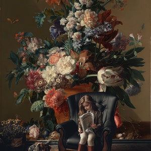 Carta da parati rimovibile con arte floreale vintage scura olandese, fiori di natura morta, carta da parati staccabile e incollabile, carta da parati dipinta a olio, corona floreale colorata