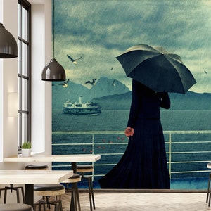 May include: A woman in a black dress and a black umbrella stands on a ferry deck overlooking a body of water. The woman is looking out at the water, and there are mountains in the background. The scene is painted in a vintage style.