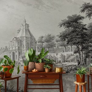 Vintage classic landscape wall mural, old print wallpaper | Peel and Stick (Self Adhesive) or Non Adhesive Vinyl Paper