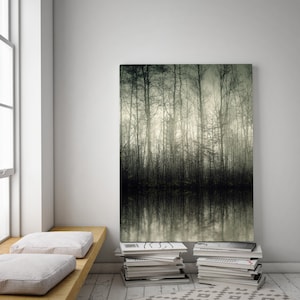 Puede incluir: Una fotografía en blanco y negro de un bosque brumoso con árboles altos y un reflejo de los árboles en el agua debajo.
