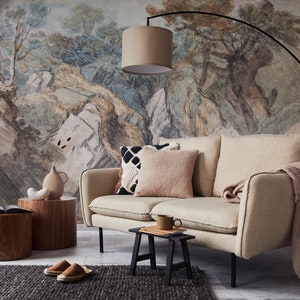 Abstract wallpaper with mountain landscape and tree, Painting Wall Mural | Peel and Stick (Self Adhesive) or Non Adhesive Vinyl Paper