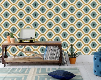 Papel de parede com estampa geométrica em amarelo e turquesa sobre fundo branco | autoadesivo, removível, basta destacar e colar.