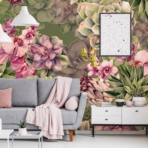 Floral wallpaper, flower pattern, green background * | Peel and Stick (Self Adhesive) or Non Adhesive Vinyl Paper