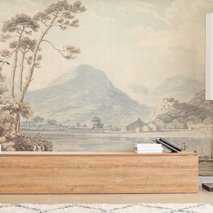 Mountain and lake landscape wallpaper, wall mural, scenic wallpaper | Peel and Stick (Self Adhesive) or Non Adhesive Vinyl Paper