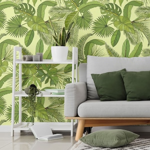 Green Tropical Leaves Boho Pattern Wallpaper, Monstera, Palm & Banana Leaf | Peel and Stick (Self Adhesive) or Non Adhesive Vinyl Paper