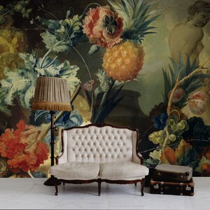 Natura morta vintage con fiori e frutti, stacca e incolla, decorazione murale autoadesiva rimovibile