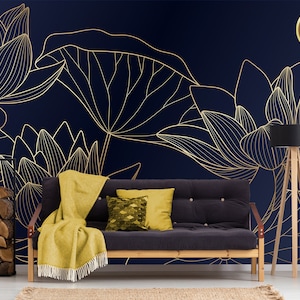 Papier peint bleu marine et jaune nénuphar, décoration murale lotus, imprimé fleurs | Papier autocollant (autocollant) ou vinyle non adhésif