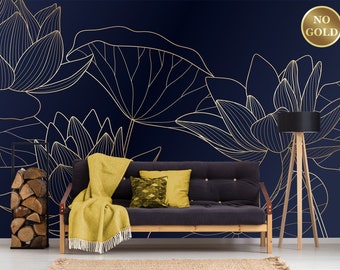 Papel pintado azul marino con nenúfares, mural de pared con flores de loto, vinilo autoadhesivo.