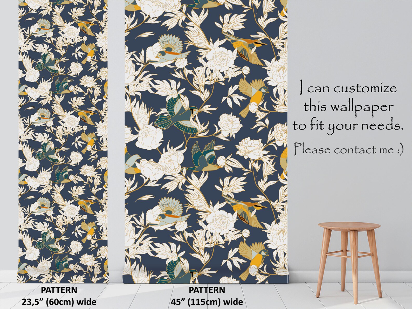 Blue Wallpaper With Birds and Flowers Peel and Stick Floral Etsy