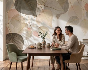 Leaves wallpaper, botanical wall mural, vintage home decor | Peel and Stick (Self Adhesive) or Traditional Vinyl Paper