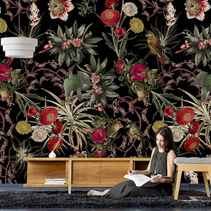Flora and fauna wallpaper, beautiful colorful floral, black background, birds, tropical pattern, self-adhesive, peel and stick wall mural