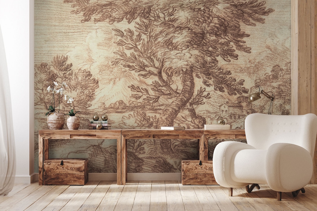Vintage Tree Landscape Wallpaper Mural, Peel and Stick Vinyl - Etsy