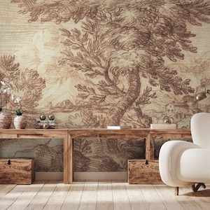 Tree wallpaper, landscape wallpaper, vintage wall mural | Peel and Stick (Self Adhesive) or Non Adhesive Vinyl Paper