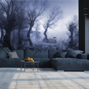 Wallpaper with Creepy landscape, misty dark swamp in autumn | self-adhesive, removable, peel & stick wall mural, wall decor