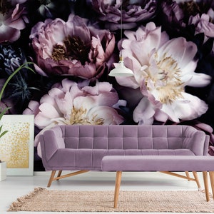 Natürliche Blumen Tapete, Pfingstrosen auf schwarzem Hintergrund, Wandbild schälen und aufkleben
