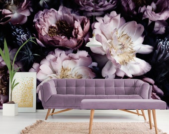 Natural flowers wallpaper, peonies on black background, peel and stick wall mural