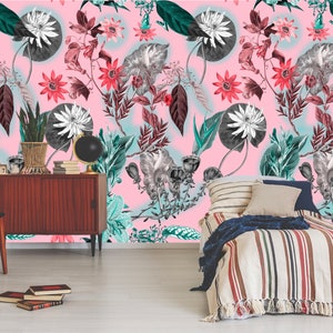 Pink and teal floral wallpaper | self-adhesive wallpaper, removable, peel & stick wall mural, wall decor