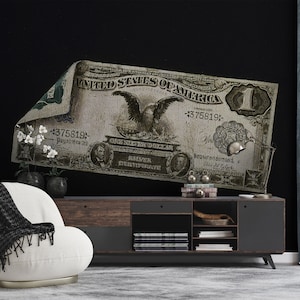 Vintage Dollar Wallpaper, Single Bill Over a Black Background | Peel and Stick (Self Adhesive) or Non Adhesive Vinyl Paper