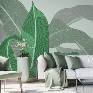 Abstrakte Bananenblätter Grün Tapete, Tropisches Botanisches Wandbild | Abziehen und aufkleben (selbstklebend) oder nicht klebendes Vinylpapier