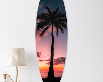 Decoração de parede em formato de prancha de surf com palmeira, arte de praia feita à mão, impressão em Dibond, fixação magnética.