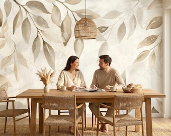 Leaves vintage wallpaper, botanical wall mural, abstract home decor | Peel and Stick (Self Adhesive) or Traditional Vinyl Paper
