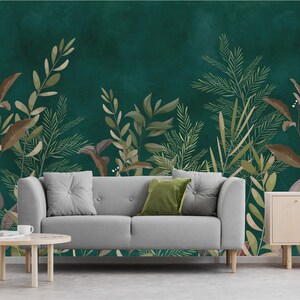 Leaves on a green background, wallpaper with branches | self-adhesive, removable, peel & stick wall mural, wall decor
