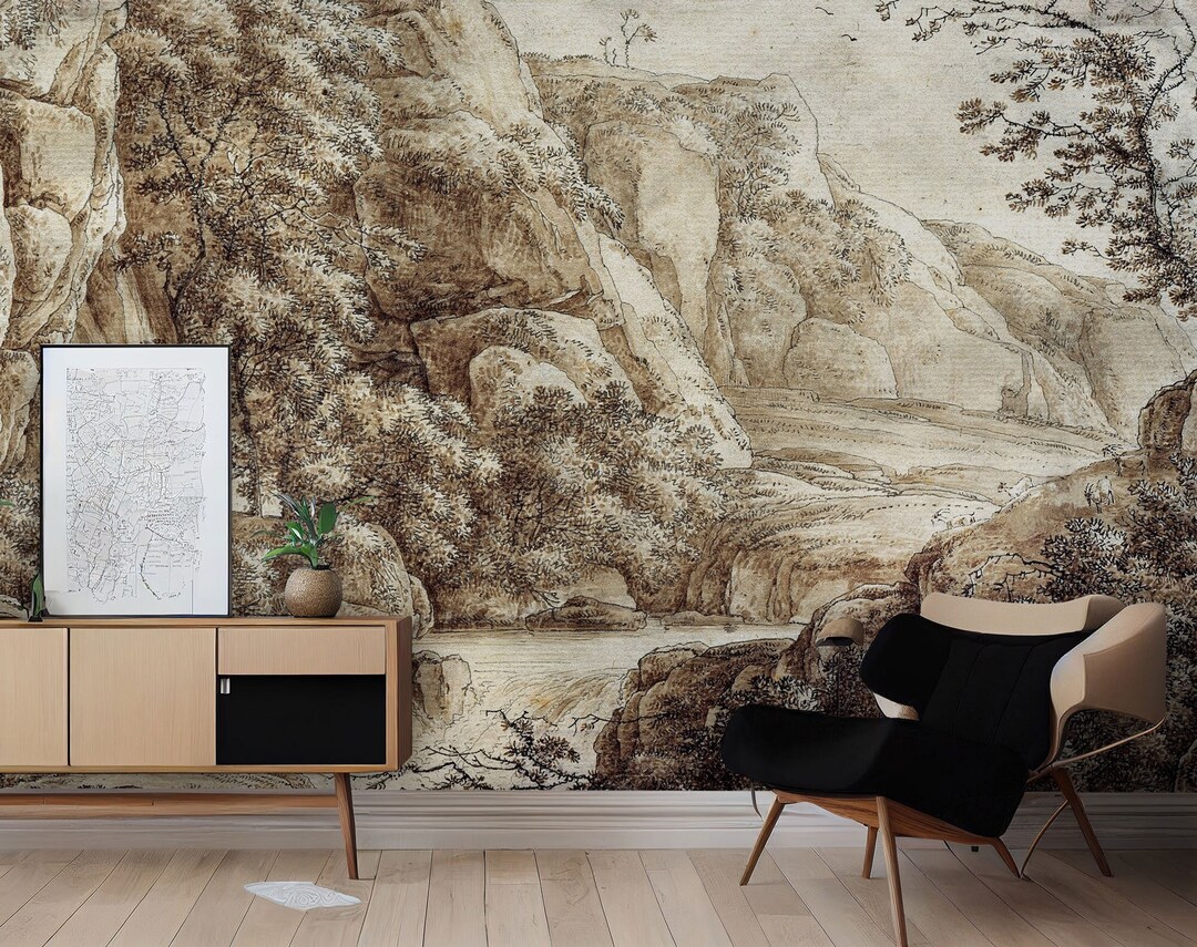 Mountain Lake Landscape Wallpaper | Sepia Tone Peel and Stick Vinyl - Etsy
