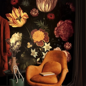 Papier peint à fleurs tulipes et pivoines anciennes foncées, papier peint autocollant, décoration murale auto-adhésive