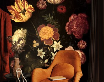 Dark Floral Wallpaper, Tulip & Peony, Peel and Stick Wall Mural