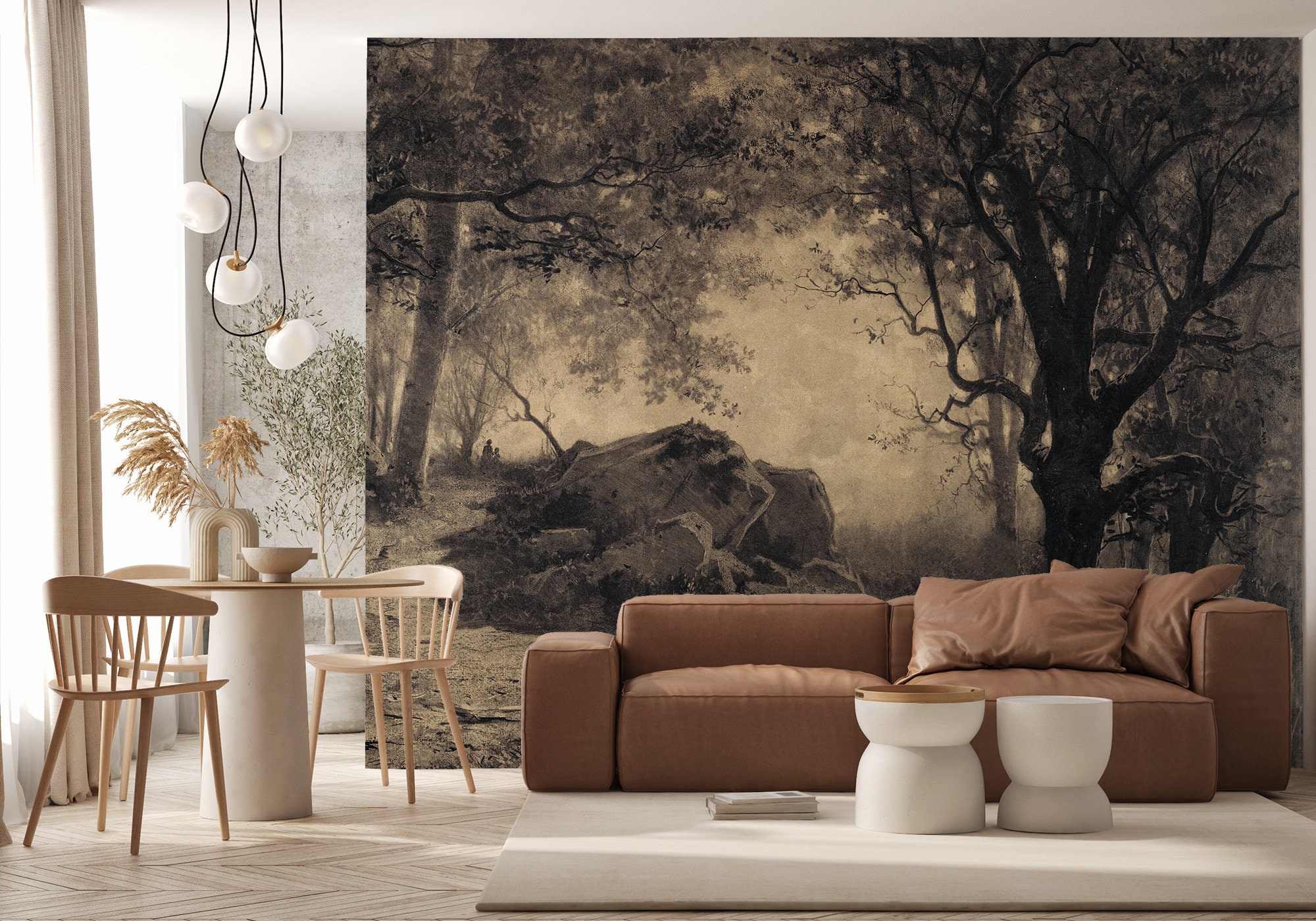 Dark Vintage Forest Wallpaper, Trees and Stone Wall Mural | Peel and ...
