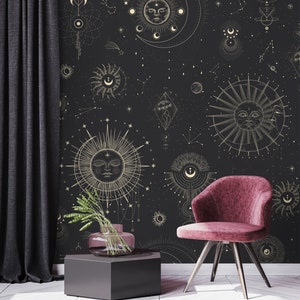 Sun & moon astrology celestial wallpaper, dark gray, yellow pattern* | self adhesive, removable, peel and stick wall mural, wall decor