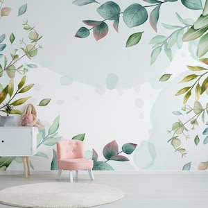 Vector watercolor wallpaper with leaves on sides, Peel & Stick, Self Adhesive Removable Wall Mural