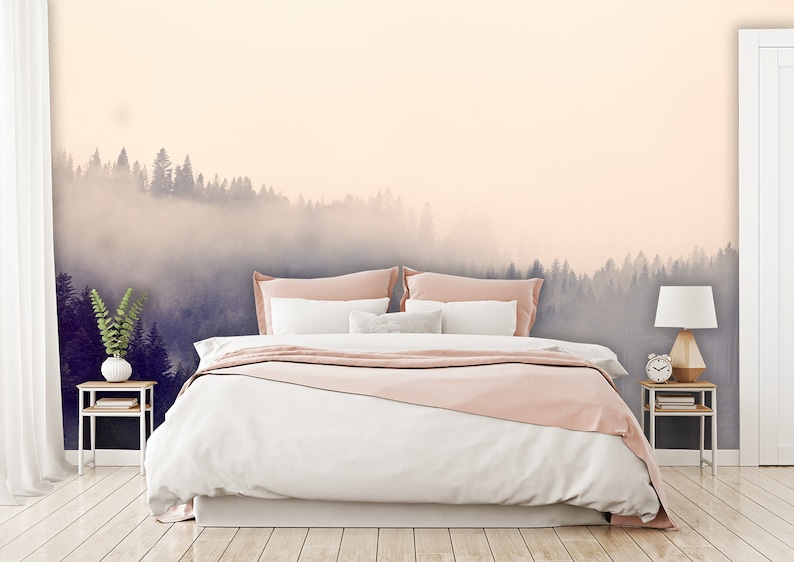 Forest landscape wallpaper,fog,home decor,wall decal,removable peel and stick wallpaper,wall decor,sticker,outlander,print painting,clipart