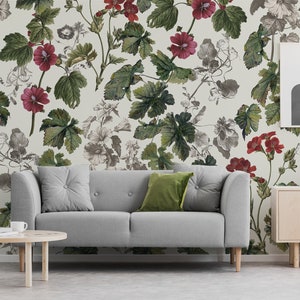Vintage floral wallpaper, flowers and leaves, abstract pattern * | Peel and Stick (Self Adhesive) or Non Adhesive Vinyl Paper