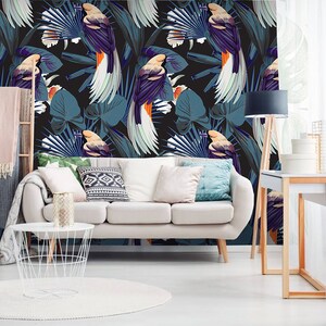 Exotisch behang met vogels en bladeren, zelfklevend, botanische muurschildering