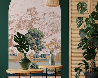 Adesivo de parede com paisagem asiática em arco, papel de parede removível.