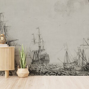 Vintage Schiffe und Meereswellen Wallpaper, Old Marine Seascape | Abziehen und aufkleben (selbstklebend) oder nicht klebendes Vinylpapier