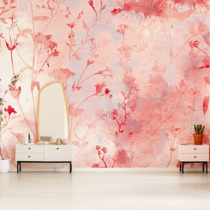 Rote und rosa Aquarell Feldblumen Tapete* | selbstklebende, ablösbare, Peel & Stick Wandbild