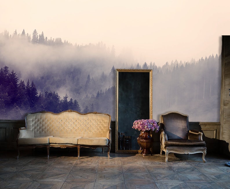 Forest landscape wallpaper,fog,home decor,wall decal,removable peel and stick wallpaper,wall decor,sticker,outlander,print painting,clipart