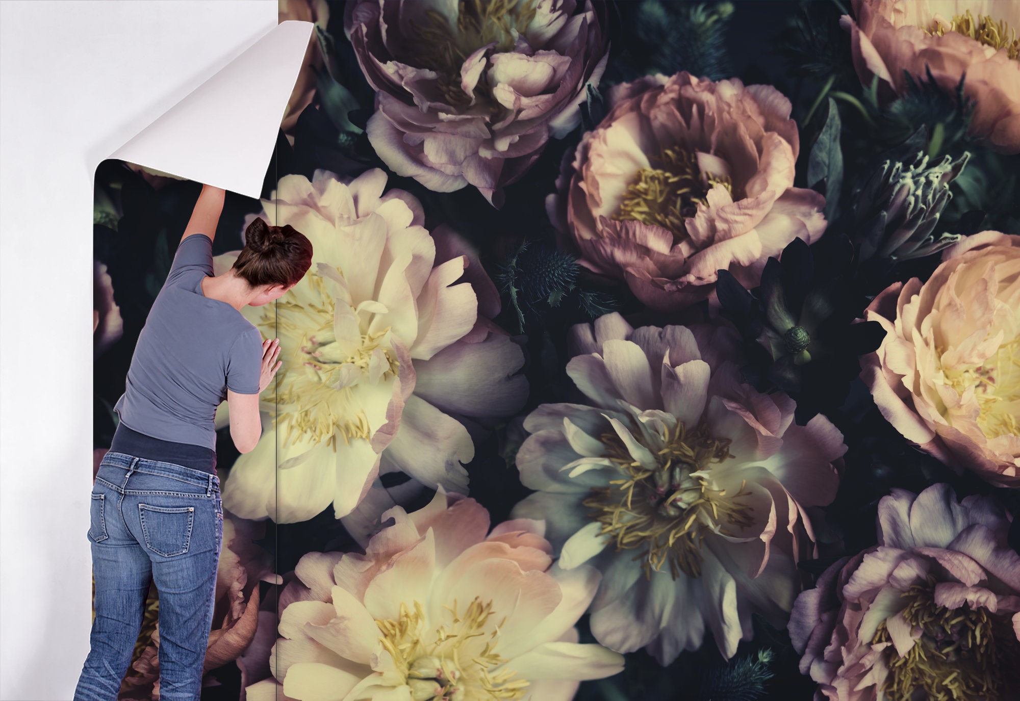 Vintage Wallpaper With Pink Peony Flowers, Self Adhesive, Peel and ...