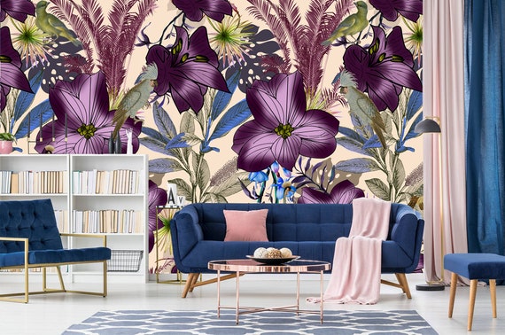 Behang met patroon paars mooie grote bloemen tropisch - Etsy België