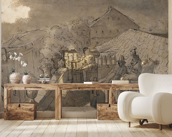 Abstract Vintage Wallpaper, Sepia Tone Wall Art, Peel and Stick or Vinyl
