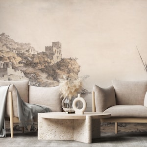 Vintage landscape wallpaper, scenic wall mural | Peel and Stick (Self Adhesive) or Non Adhesive Vinyl Paper