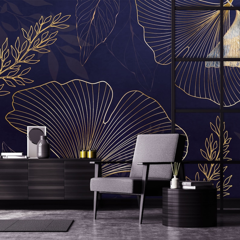 Dark Blue Art Deco Wallpaper Yellow Ginkgo Biloba Leaf Etsy