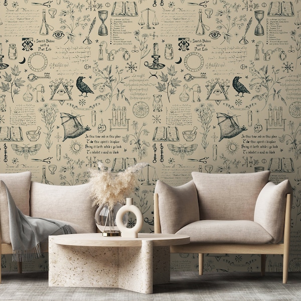 Beige alchemy motive wallpaper with ravens, bats, plants and mystic symbols* | self-adhesive, removable, peel and stick wall mural
