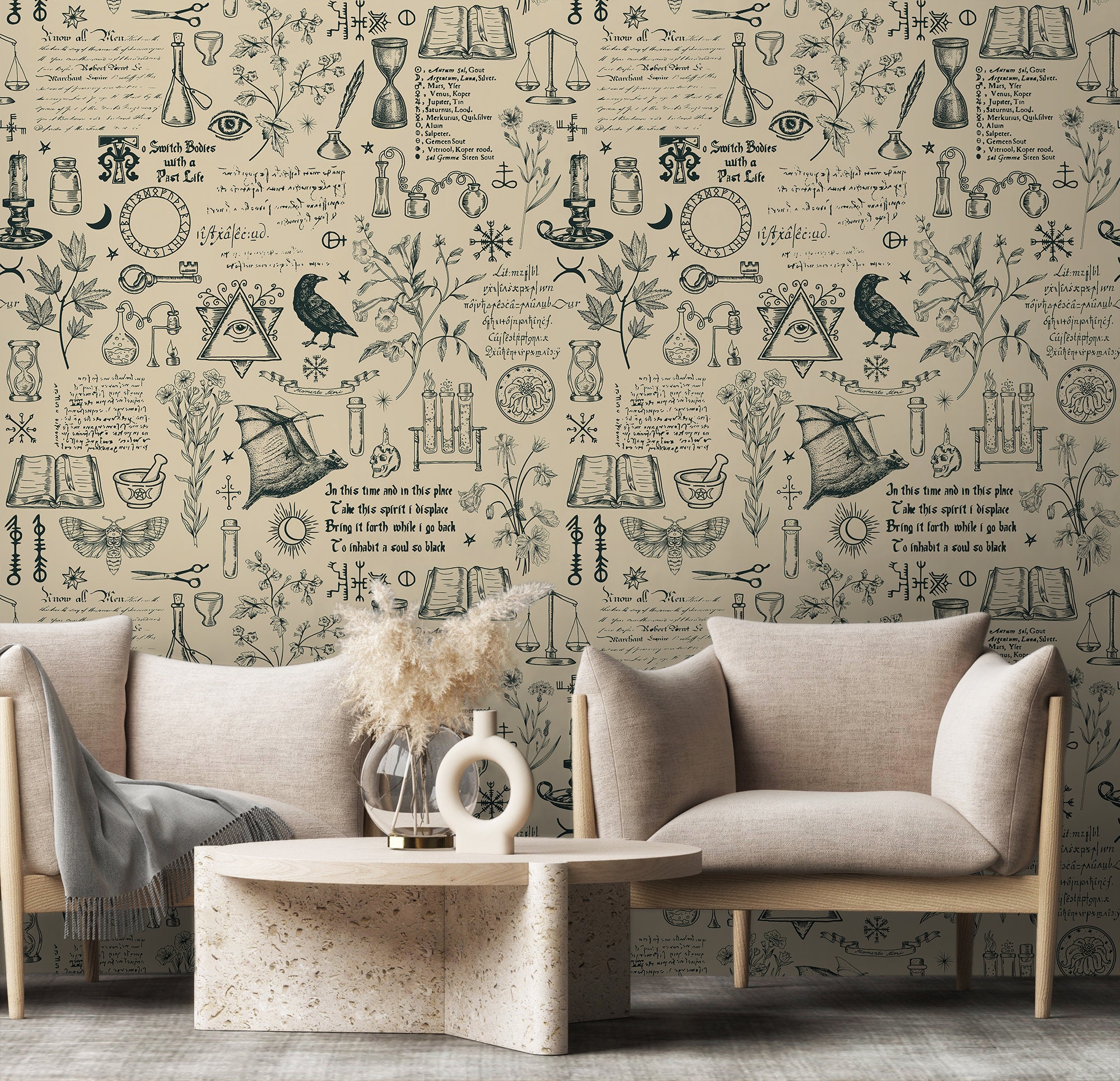 Beige Alchemy Motive Wallpaper With Ravens, Bats, Plants and Mystic Symbols  Self-adhesive, Removable, Peel and Stick Wall Mural 