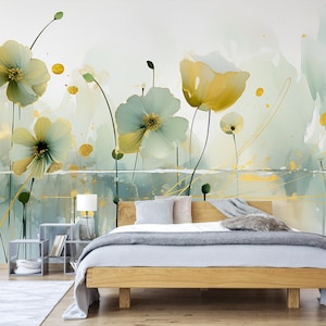 Green floral abstract wallpaper, floral wall mural, botanical home decor | Peel and Stick (Self Adhesive) or Non Adhesive Vinyl Paper