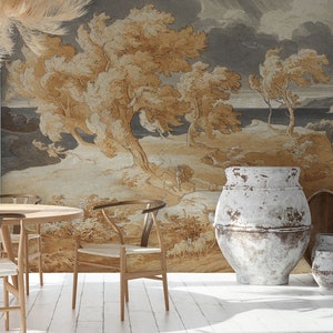 Trees on clouded sky wallpaper, vintage painting wall mural | Peel and Stick (Self Adhesive) or Non Adhesive Vinyl Paper