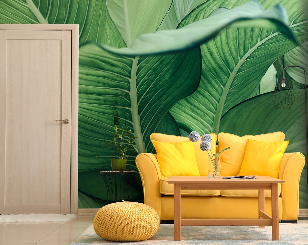 Tropical Green Leaf Wallpaper | Peel and Stick Wall Mural - Etsy